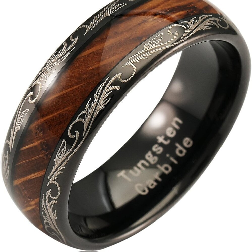 Tungsten Wedding Band Men Women Whiskey Barrel Wood Inlay Vintage Style